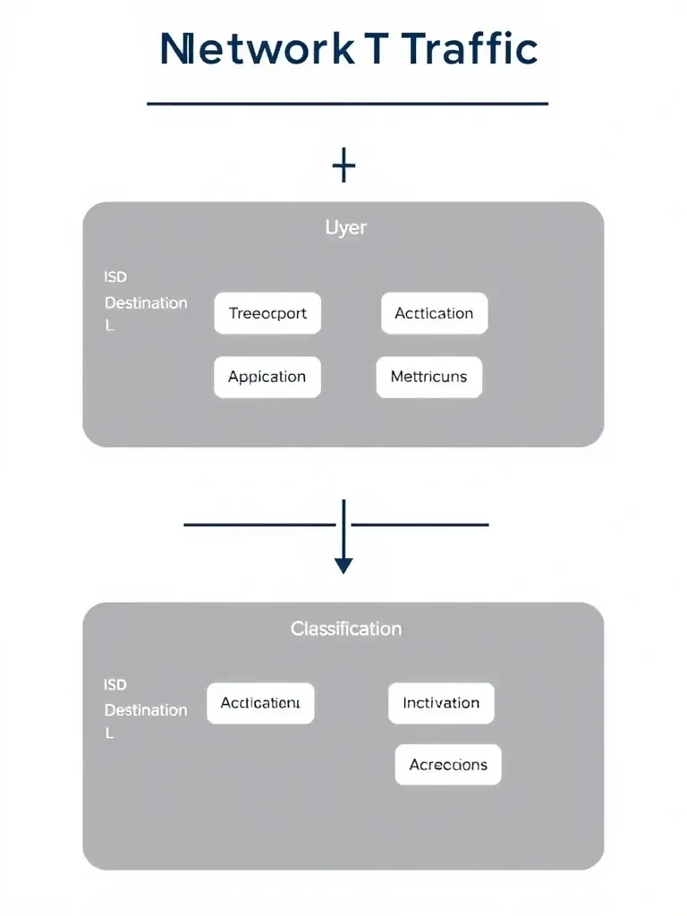 A visual representation of network traffic being categorized and classified based on different criteria, such as application type, user, or destination.