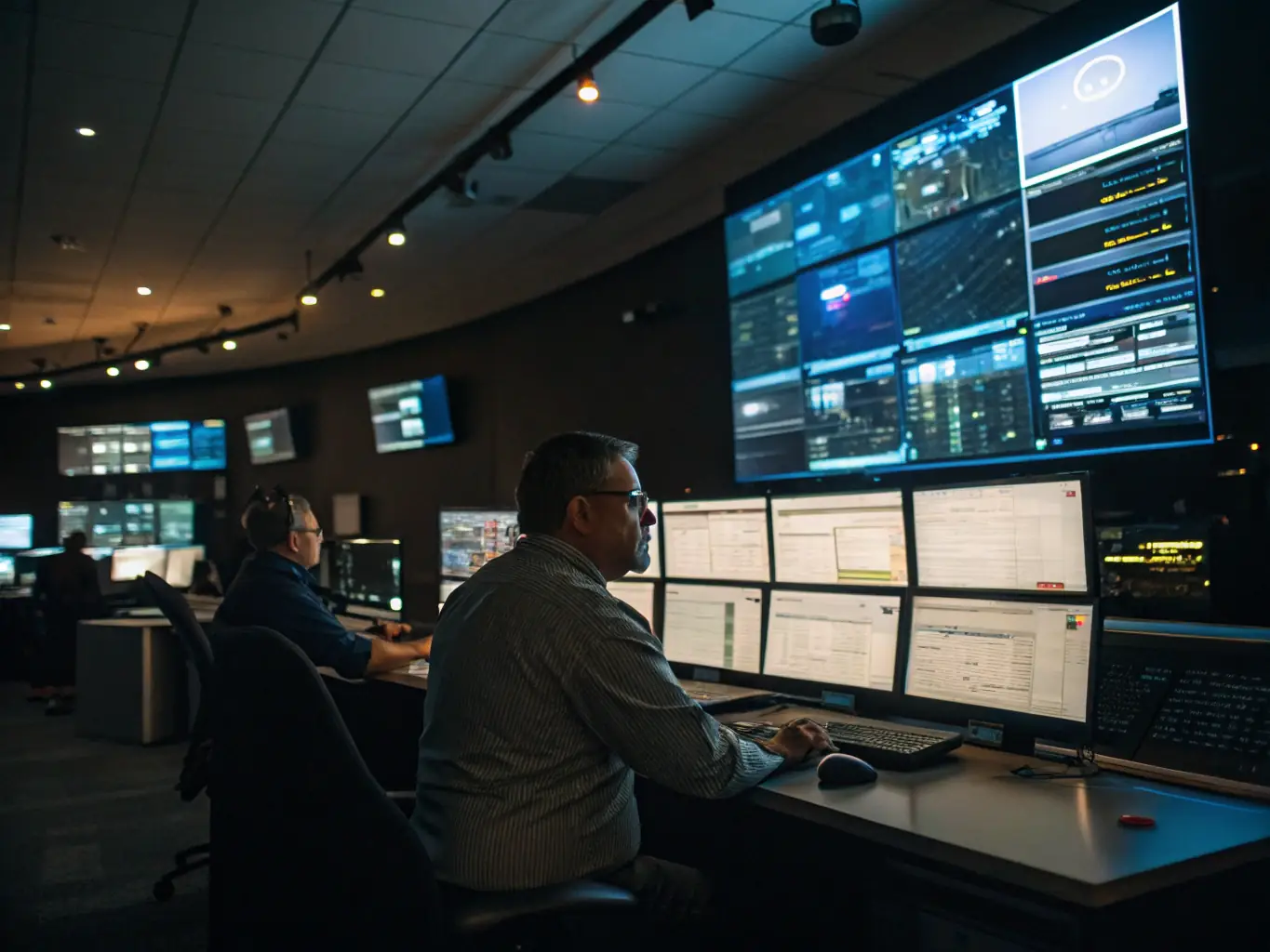 A detailed image showcasing a network operations center with real-time data visualizations, representing Inteliqbo's visibility and control solutions.