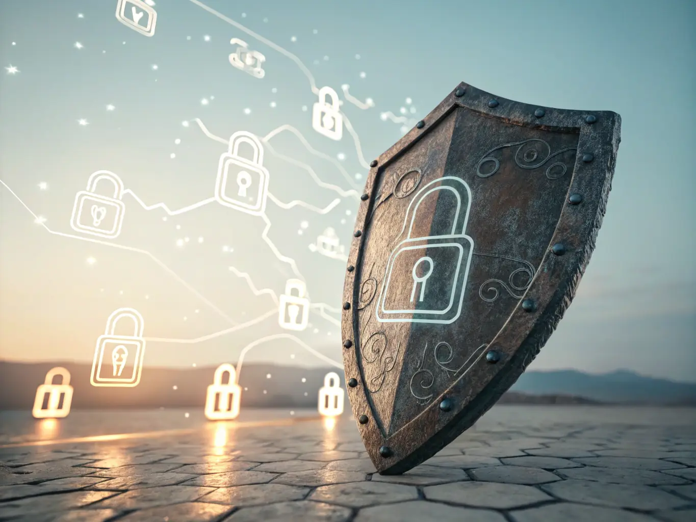 A graphic illustration of a digital shield protecting various devices and networks, symbolizing Inteliqbo's cybersecurity expertise.