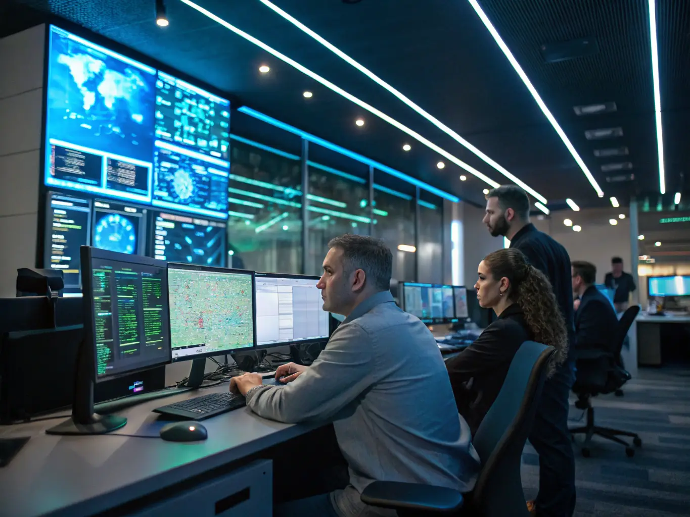 A security operations center (SOC) with analysts monitoring threat feeds and responding to security incidents, highlighting Inteliqbo's cybersecurity expertise.
