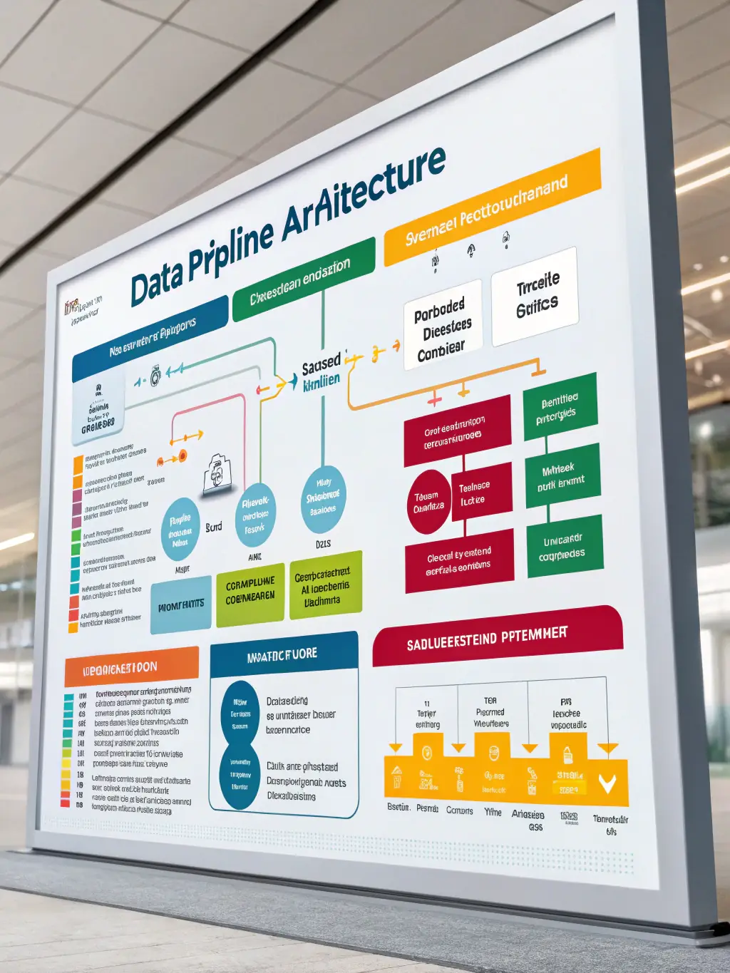 An illustration of data analytics pipelines, showing data flowing from various network sources into analytical tools, emphasizing the ability to extract actionable insights.